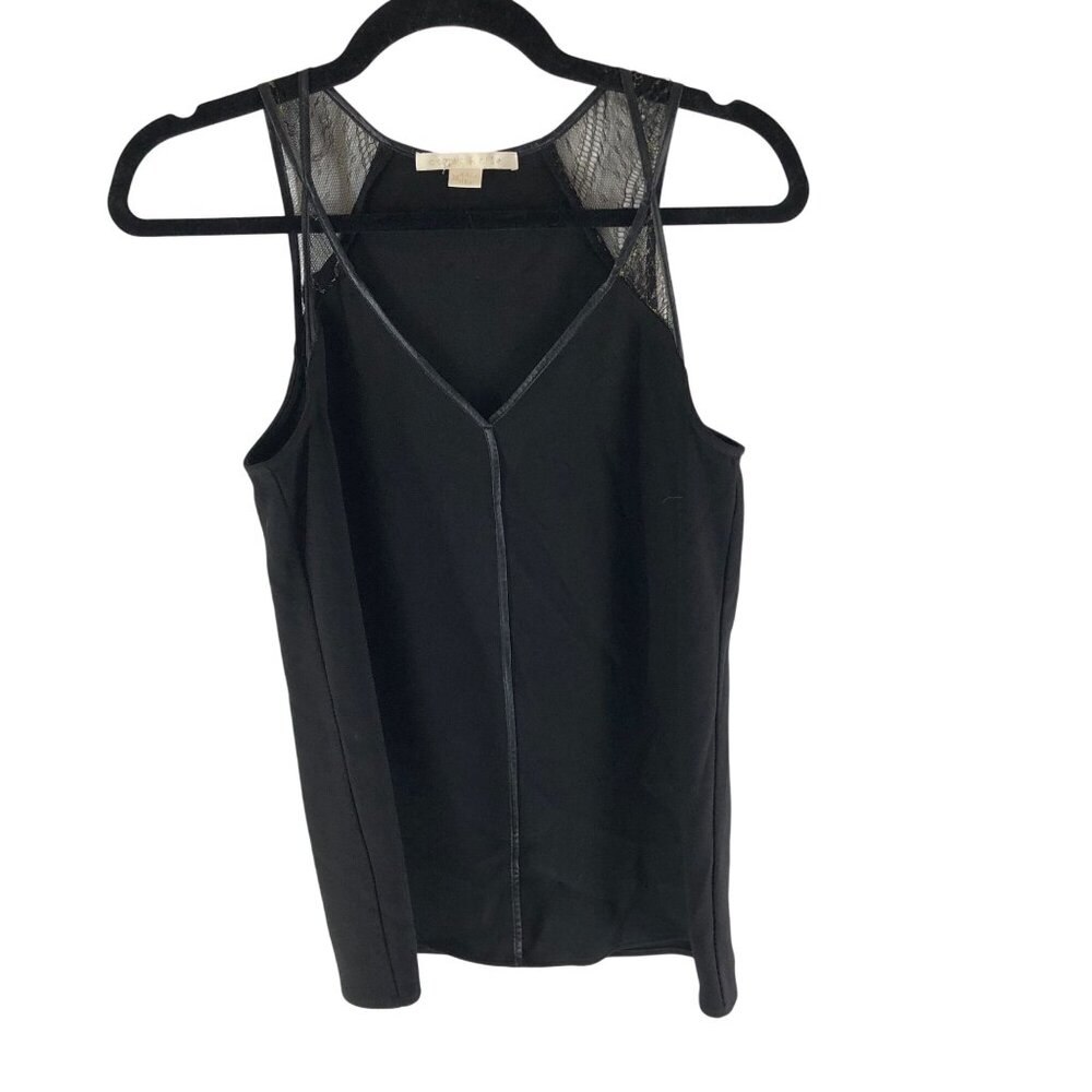 Cooper & Ella Black Sleeveless Top With Sheer Lace Detail Faux Leather Trim XS